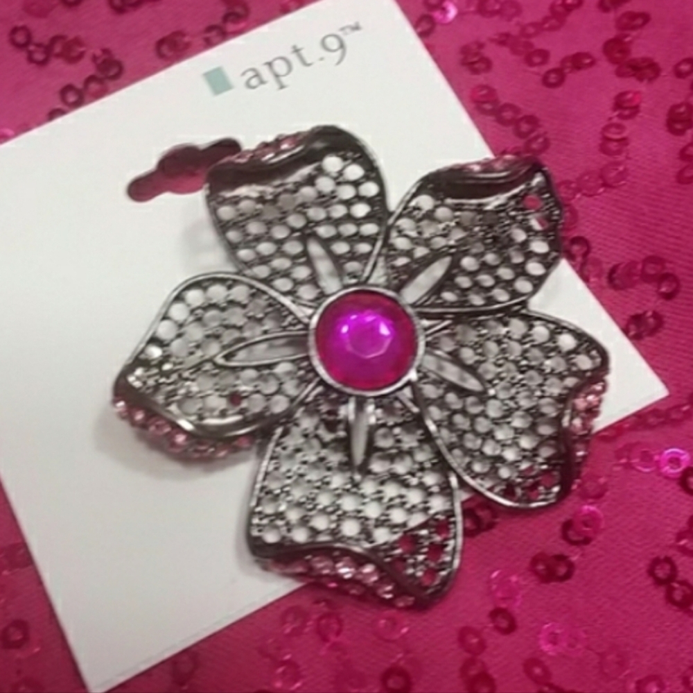 Apt. 9 Flower Brooch with Pink Crystal Accents NWT